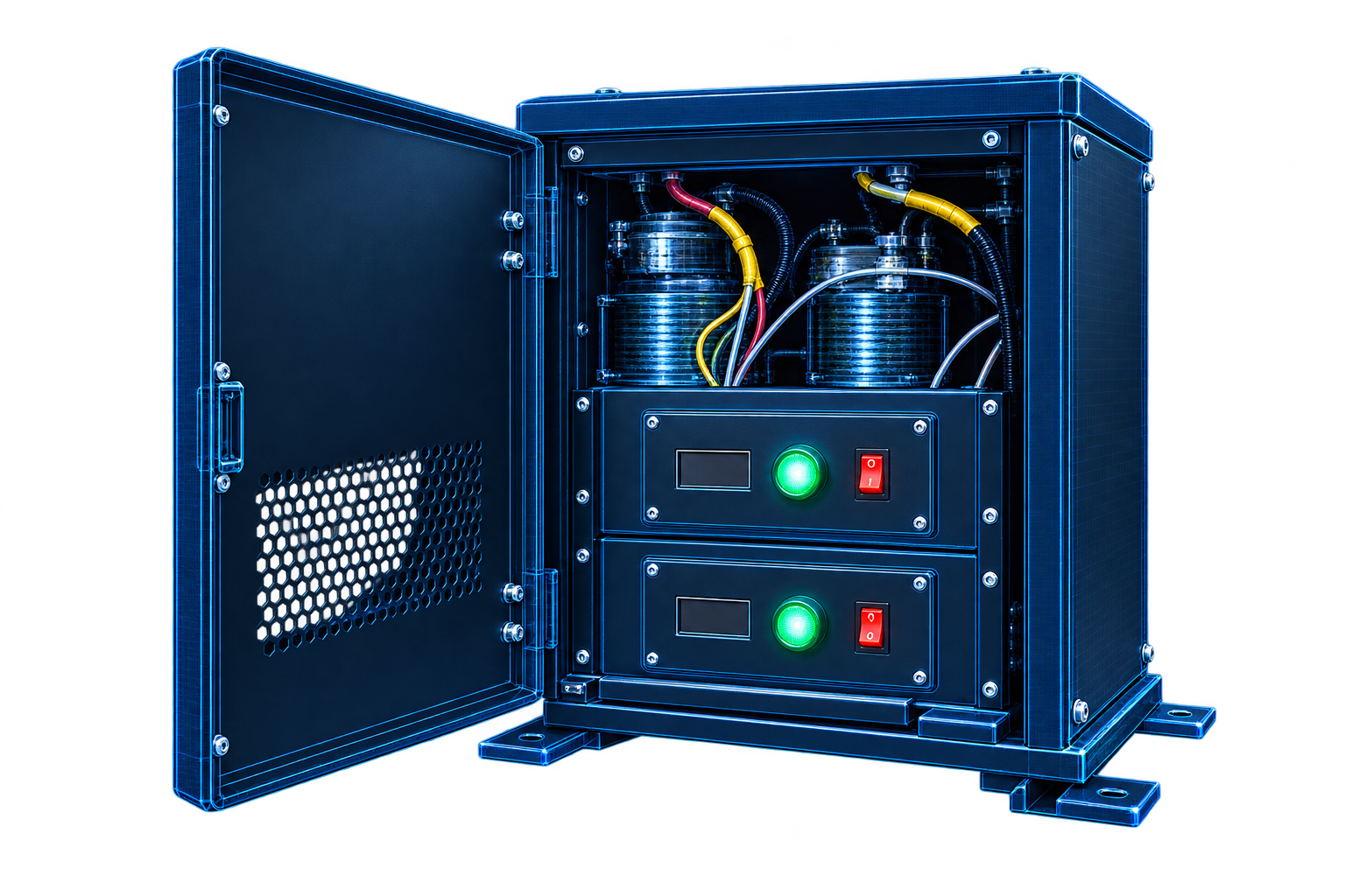 Compact vehicle HHO box with open vented door and two control panels