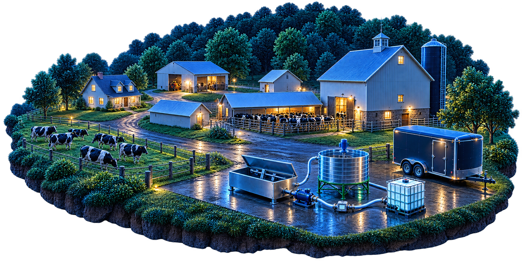 Representative farm illustration with dairy barns, tractor and processing equipment.