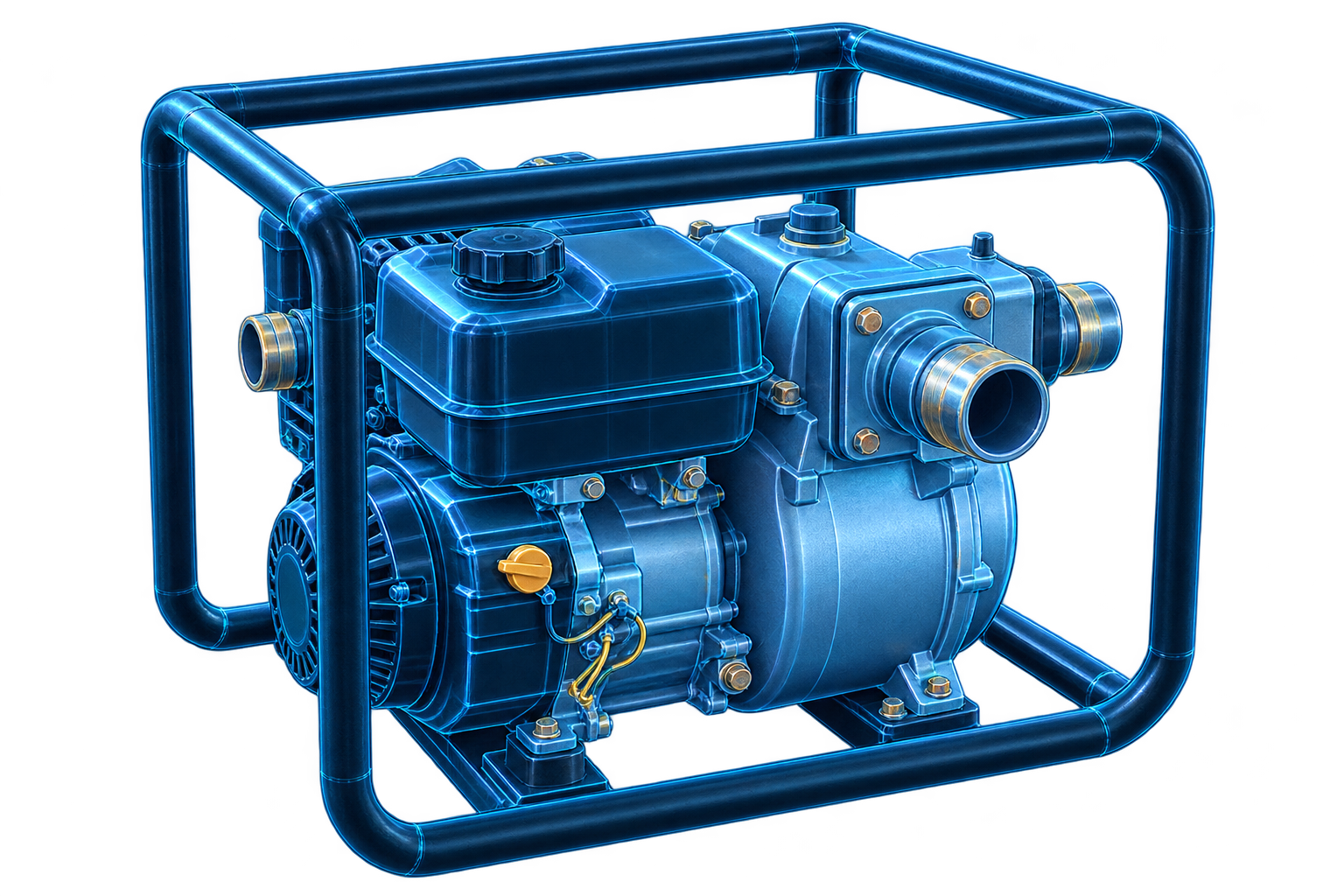 Portable transfer pump in its protective frame